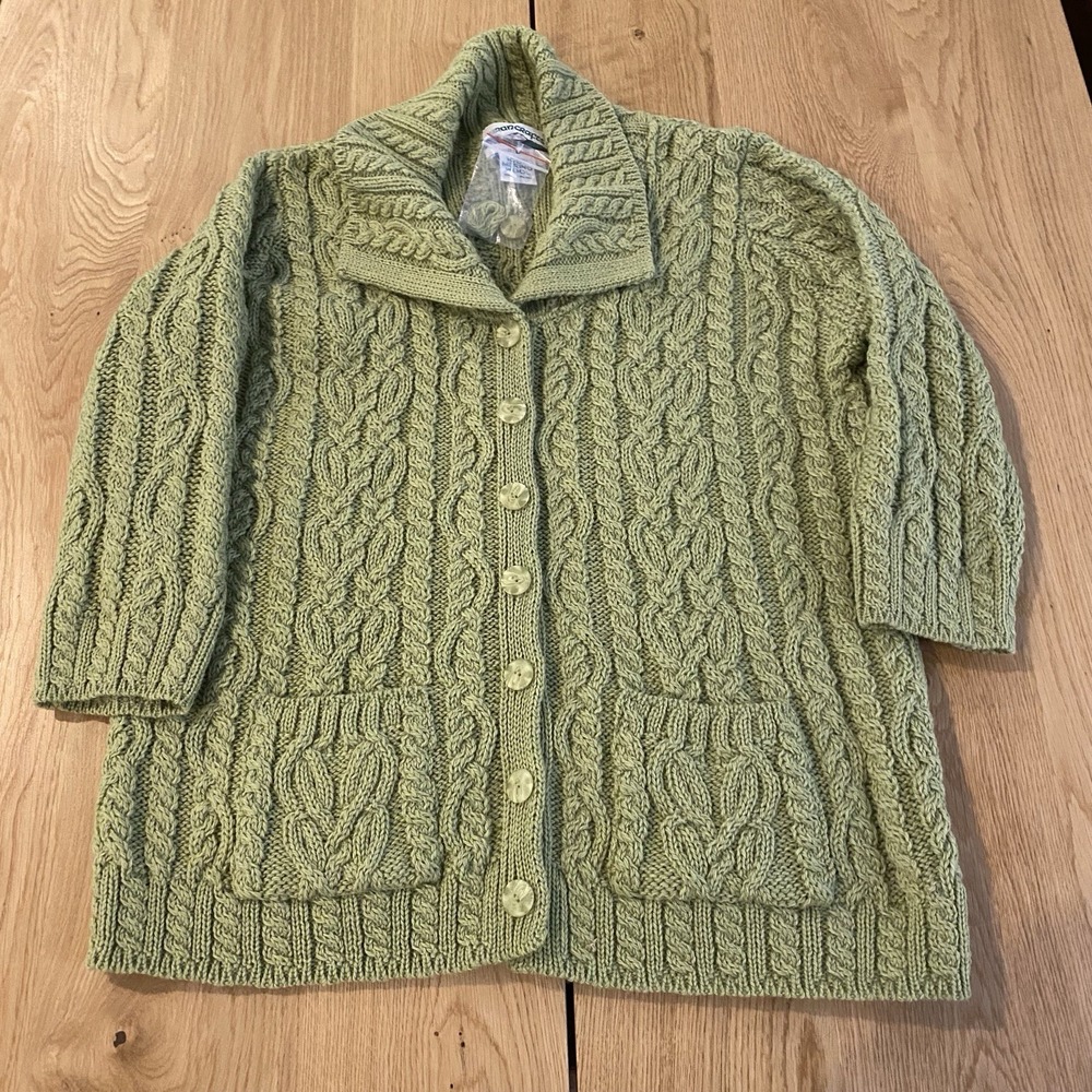 Aran Crafts Fisherman Cardigan Cottagecore Women's LG 100% Merino Wool Ireland